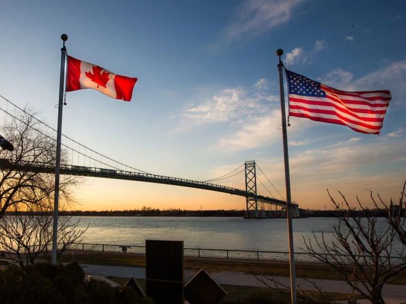 Canada and USA Flags in the border